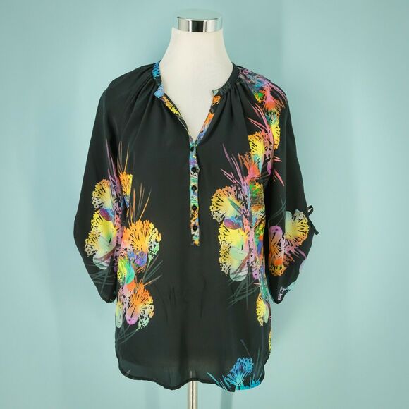 Yumi Kim S Silk Black Floral Print 3/4 Sleeve Top - Picture 1 of 5